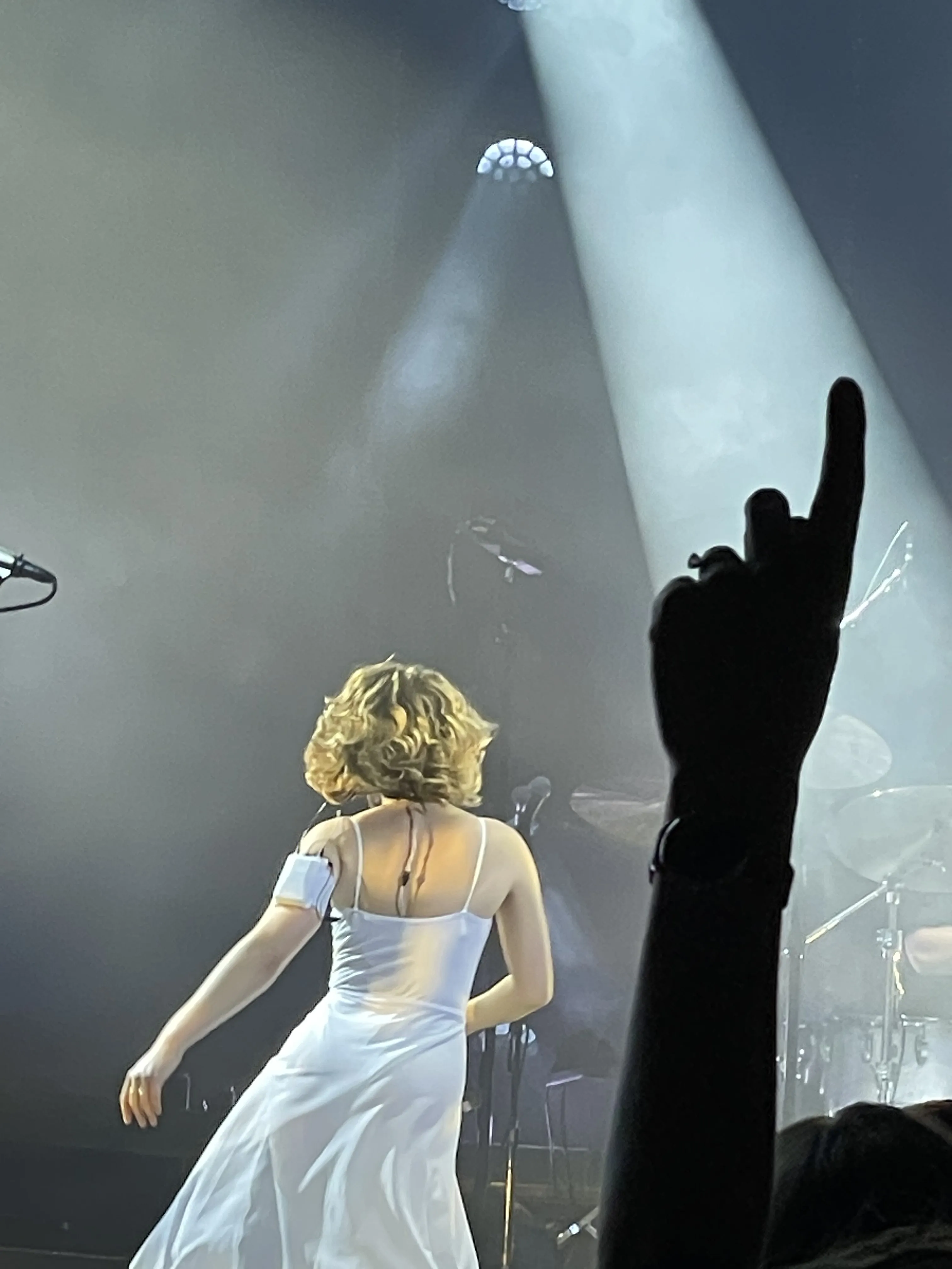Maggie Rogers, back turned in a white slip dress, caught in a single spotlight as a fan's hand rises from the crowd